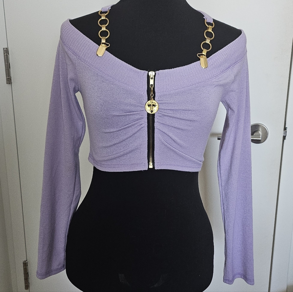 D.i.a Gyaru Lavender Off-Shoulder Crop Top Gold Coin Charm